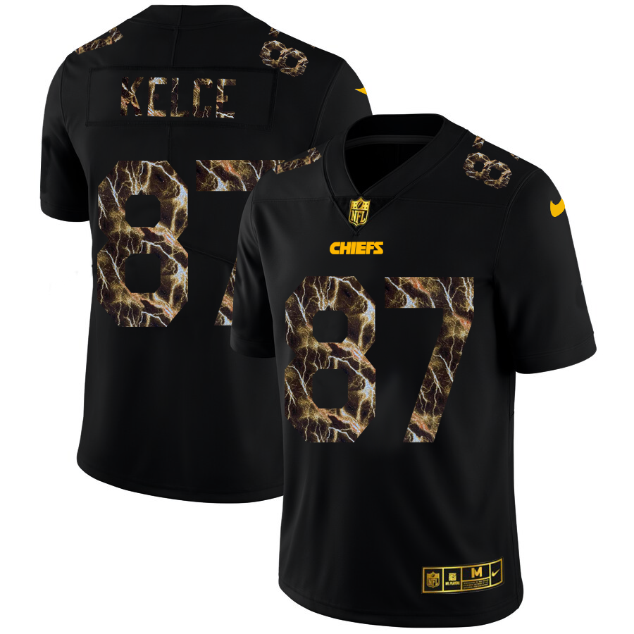 2020 Kansas City Chiefs #87 Travis Kelce Men Black Nike Flocked Lightning Vapor Limited NFL Jersey
